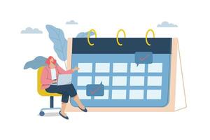 corporativo calendario gestión, hora administración planificación concepto, mujer de negocios planes organizado trabajo en calendario con un grande calendario. diseño ilustración. vector