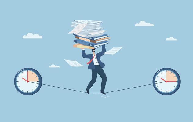 Time management skills, Working time limit or too little time left, Project management with excessive workload, Businessman carrying a lot of documents walks the tightrope. design illustration.