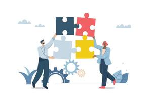 Effective teamwork, Problem solving, or ways to improve, career development concept, Symbol of teamwork, Business people work together to complete jigsaw puzzle in harmony. design illustration. vector