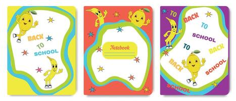 A collection of cover templates for children's notebooks in a groovy style with funny cartoon characters. Items for school and education. vector