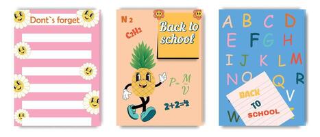 A collection of cover templates for children's notebooks in a groovy style with funny cartoon characters. Items for school and education. vector