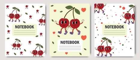 A collection of cover templates for children's notebooks in a groovy style with funny cartoon characters. Items for school and education. vector