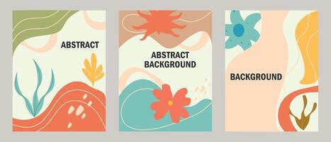 Poster of abstract botanical geometric, natural shapes in trendy creative style. Modern illustration with tropical elements for wall decor in boho style. vector