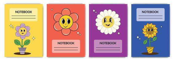 A collection of cover templates for children's notebooks in a groovy style with funny cartoon characters. Items for school and education. vector