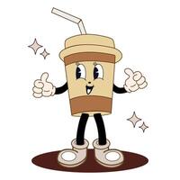 Funny cartoon coffee character in groovy retro style. Vintage coffee illustration. Nostalgia for the 60s, 70s, 80s. vector