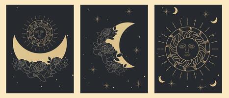 Set of posters with mystical magical objects, astrological tarot symbols, moon, Aztec Sun Goddess sign, Libra zodiac, stars. Fashionable minimalist style. Objects of spiritual occultism. vector