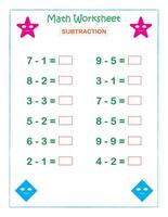 Math Worksheet Subtraction For kids vector