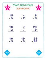 Math Worksheet Subtraction For kids vector