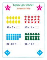 matemáticas hoja de cálculo sustracción para niños vector