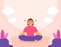 ilustración de un mujer haciendo yoga. sentar con las piernas cruzadas y meditar en naturaleza o afuera. loto pose. internacional yoga día. ocupaciones a ejercicio y calma el mente. personaje ilustración diseño vector