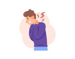 illustration of a man feeling pain in his neck. back neck pain, muscle aches, stiff or tense muscles. symptoms of muscle injury or arthritis. neck problems. condition and health. flat style character vector