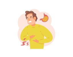 ilustración de un hombre sensación dolor en su estómago. estómago dolor. gastroesofágico reflujo enfermedad o gerd ácido reflujo o úlcera. problemas con el estómago o digestivo sistema. salud. plano estilo vector