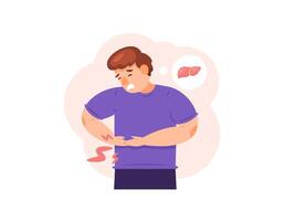 illustration of a man feeling pain in his stomach. liver problems. suffering from hepatitis. liver disease. expression and gesture. health problems. flat style character illustration design. graphic vector
