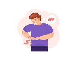 ilustración de un hombre sensación dolor en su estómago. hígado problemas. sufrimiento desde hepatitis. hígado enfermedad. expresión y gesto. salud problemas. plano estilo personaje ilustración diseño. gráfico vector