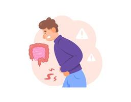 illustration of a man feeling pain in his stomach. stomach ache. appendicitis or inflammation of the appendix. intestinal inflammation. problems, conditions and health. flat style character vector