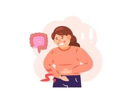 ilustración de un mujer sensación dolor en su estómago. estómago dolor. apendicitis o inflamación de el apéndice. intestinal inflamación. problemas, condiciones y salud. plano estilo personaje vector