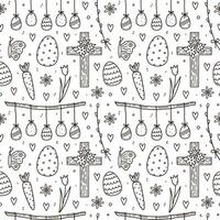 Cute seamless pattern with Easter eggs, butterflies and flowers. hand-drawn doodle illustration. Perfect for holiday designs, print, decorations, wrapping paper, wallpaper. vector