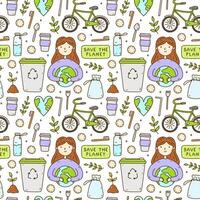 Cute seamless pattern with recycle and reusable products - glass water bottle, cotton pads, steel cutlery. A girl holding the Earth, heart-shaped planet, bike. Zero waste, Go green, Save the planet. vector