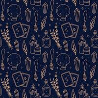 Seamless pattern with gold magic doodles on blue background - crystal ball, pendant, candles, gemstones, tarot cards, potion. hand-drawn illustration. Perfect for print, wallpaper, decorations. vector