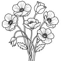 Poppy Flower outline illustration coloring book page design, Poppy Flower black and white line art drawing coloring book pages for children and adults vector