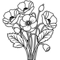 amapola flor contorno ilustración colorante libro página diseño, amapola flor negro y blanco línea Arte dibujo colorante libro paginas para niños y adultos vector