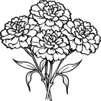 Marigold Flower Bouquet outline illustration coloring book page design, Marigold Flower Bouquet black and white line art drawing coloring book pages for children and adults vector
