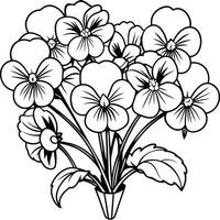 Pansy flower outline illustration coloring book page design, Pansy flower Bouquet black and white line art drawing coloring book pages for children and adults vector