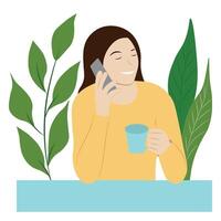 retrato de un niña con un taza en uno mano y un teléfono en el otro, aislar en blanco, sencillo ilustración, plano estilo, minimalismo vector