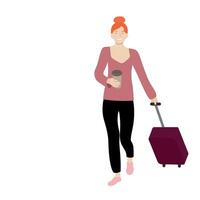 Girl with a paper cup of coffee in one hand and a suitcase in the other, isolated on white, simple illustration, flat style, minimalism vector