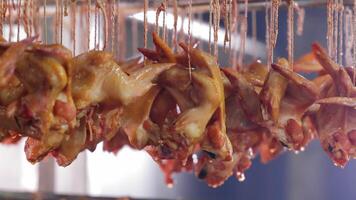 detailopname van gerookt gevogelte in een vlees verwerken plant, gerookt kip stukken geschorst Aan haken in een vlees verwerken eenheid, klaar voor verpakking. video