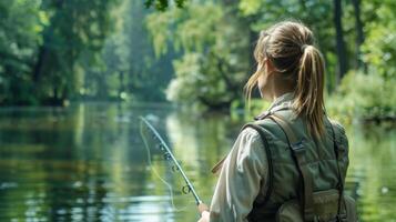 vistiendo un elegante pescar chaleco un mujer cuidadosamente yesos su línea dentro el tranquilo lago rodeado por lozano verde arboles foto