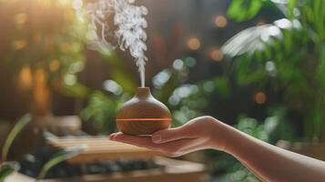 A hand holding a diffuser with eucalyptus essential oil which can be added to the sauna to enhance its respiratory benefits and leave a pleasant refreshing scent. photo