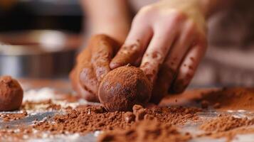 un partícipe cuidadosamente formación un chocolate trufa por mano delicadamente laminación eso Entre su dedos antes de inmersión eso en un capa de cacao polvo foto