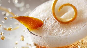 A closeup of a drink being poured frothy foam at the top with a twist of citrus peel garnishing the rim photo