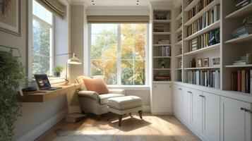 A cozy reading corner with a builtin bookshelf and adjustable reading lamp provides the perfect ergonomic setup for curling up with a good book photo