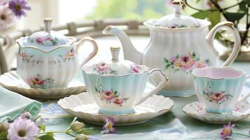 A vintageinspired porcelain tea set with a delicate scalloped edge and dainty pastelcolored flowers adorning the edges. photo