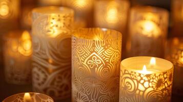 The intricate patterns etched into these candles add a touch of intricacy to the overall display drawing the eye in for a closer look. 2d flat cartoon photo