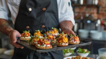 A chef holding a tray of bitesized appetizers each paired with a mocktail that complements the flavors and elevates the dish photo