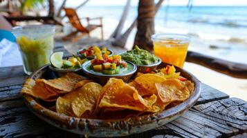 At a beachside hut the food critics are served a platter of crispy plantain chips with a variety of flavorful dips such as mango salsa and avocado cream. They discuss the differen photo