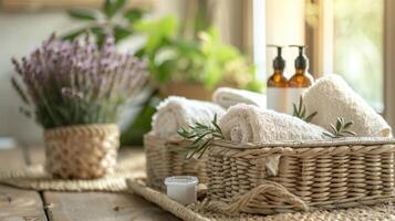 A cozy spa room filled with warm natural light featuring wicker baskets filled with fluffy spa towels and calming essential oils. photo