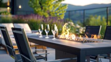 A modern fire pit table surrounded by sleek chairs creating a chic and intimate space. 2d flat cartoon photo