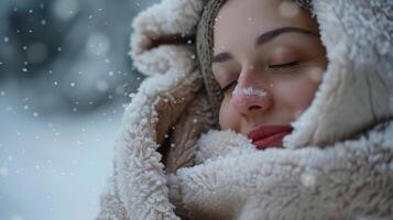 A woman wraps herself in a thick towel and takes a deep breath of the crisp fresh air after stepping out of the sauna and into a winter wonderland. photo