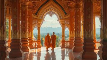 An elderly couple marveling at the intricate architecture of a temple exchanging hellos and thank yous in the local language with the friendly monks photo