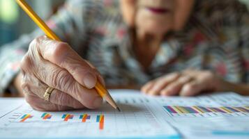 un mayor mujer utilizando un lápiz a marca su privilegiado cuidado de la salud opciones en un gráfico cuidadosamente rastreo su gastos y cobertura foto