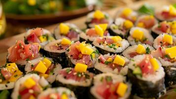 estos hermosamente arrollado Sushi picaduras son un celebracion de isla sabores con un combinación de Fresco atún y mango salsa en parte superior foto