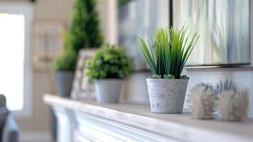 The fireplace mantle is adorned with small potted plants and modern art pieces adding a touch of greenery to the space. 2d flat cartoon photo