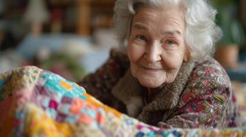 With a content smile on her face an elderly woman works on her latest quilt combining skill and creativity to produce a work of art photo