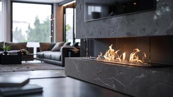 The sleek geometric fireplace is the focal point of the living room its flames roaring against a backdrop of dark marble. 2d flat cartoon photo