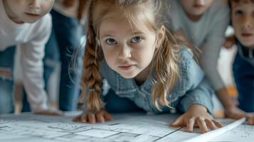 A little girl crouches down to get a closer look at the intricate details of a blueprint while other children gather around her in amazement photo