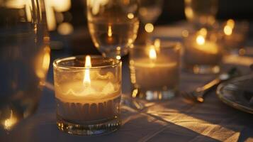 The candles stand tall in their holders casting long shadows across the table and adding depth to the setting. 2d flat cartoon photo